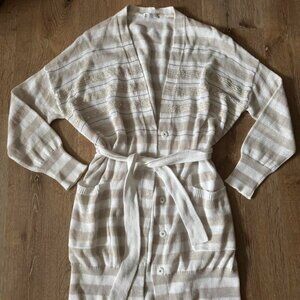 BRUNELLO CUCINELLI Beige/Tab Belted Embellished Striped Cotton Cardigan Size XS